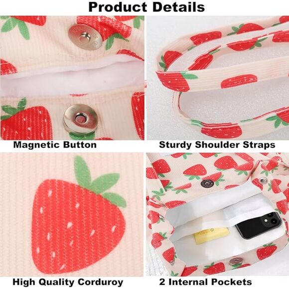Women Strawberry Imported Corduroy Small Canvas Shoulder Handy Tote Bag - Picture 4 of 4